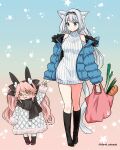  2girls absurdres animal_ear_fluff animal_ears bag baguette bangs black_bow black_footwear black_scarf blue_eyes blue_jacket boots bow bread breasts cat_ears cat_girl cat_tail closed_mouth clothing_cutout coat commentary dobrynya_nikitich_(fate) dress eyebrows_visible_through_hair fake_animal_ears fate/grand_order fate_(series) food full_body fur_trim glasses gradient gradient_background grey_hair hair_bow highres holding holding_hands izumi_minami jacket koyanskaya_(fate) long_hair long_sleeves looking_at_another looking_at_viewer medium_breasts multiple_girls open_clothes open_jacket open_mouth pink_background pink_bag pink_hair rabbit_ears ribbed_sweater scarf shopping_bag short_dress shoulder_cutout smile spring_onion standing starry_background sweater sweater_dress tail tamamo_(fate) turtleneck turtleneck_sweater twintails twitter_username very_long_hair white_coat white_legwear white_sweater winter_clothes winter_coat yellow_eyes younger 