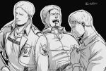  1boy blood blood_from_mouth bun_(bbb81bun) collage cropped_jacket greyscale male_focus monochrome nosebleed paradis_military_uniform pectoral_cleavage pectoral_squeeze pectorals reiner_braun shingeki_no_kyojin short_hair smile 