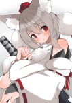  1girl :o absurdres animal_ears bangs bare_shoulders breasts commentary detached_sleeves highres inubashiri_momiji large_breasts looking_at_viewer medium_hair open_mouth red_eyes regua sheath sheathed shirt solo touhou white_background white_hair white_shirt white_sleeves wolf_ears wolf_girl 
