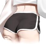 1girl absurdres ass ass_focus black_shorts blue_archive crop_top crop_top_overhang dolphin_shorts from_behind hand_on_own_ass highres long_sleeves lower_body micro_shorts midriff mutsuki_(blue_archive) puffy_sleeves sbgu shirt short_shorts shorts solo white_shirt 