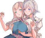  2girls :t alice_margatroid apron aqua_eyes back_bow bangs blonde_hair blue_dress blue_eyes blush bow braid breast_envy breast_grab breasts capelet closed_mouth commentary_request dress eyelashes frilled_capelet frilled_hairband frills grabbing grabbing_from_behind green_ribbon hair_ribbon hairband izayoi_sakuya large_breasts lolita_hairband maid maid_apron maid_headdress multiple_girls open_mouth pout puffy_short_sleeves puffy_sleeves red_hairband ribbon sash short_hair short_sleeves sidelocks silver_hair simple_background soku_(bluerule-graypray) standing sweatdrop touhou tress_ribbon twin_braids white_background white_capelet white_sash wing_collar yuri 