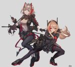  2girls absurdres arknights assault_rifle bangs black_footwear black_gloves black_jacket black_legwear black_pants breasts brown_hair closed_mouth creator_connection detonator fingerless_gloves full_body gar32 girls&#039;_frontline gloves grey_background gun headset highres holding holding_gun holding_weapon horns jacket large_breasts long_hair looking_at_viewer m4_carbine m4_sopmod_ii m4_sopmod_ii_(girls&#039;_frontline) mk_18_carbine multiple_girls pants pantyhose parted_lips red_eyes rifle short_hair silver_hair simple_background smile w_(arknights) weapon 