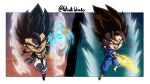  2boys artist_name attack aura baggy_pants black_eyes black_hair blue_pants blue_sash blue_shirt boots brown_hair chibi dougi dragon_ball dragon_ball_super dragon_ball_z_dokkan_battle earrings energy energy_ball energy_sword english_commentary gloves gogeta highres jewelry male_focus metamoran_vest multiple_boys muscular muscular_male open_mouth orange_shirt outside_border pants potara_earrings sash shirt shoes smirk spiked_hair sword twitter_username vegetto weapon white_gloves white_pants windiwindo 