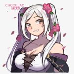  1girl :d alternate_costume artist_name bare_shoulders blush breasts brown_eyes chocojax cleavage collarbone commentary dress fire_emblem fire_emblem_awakening fire_emblem_heroes flower grin hair_flower hair_ornament highres large_breasts looking_at_viewer official_alternate_costume parted_lips petals pink_flower robin_(fire_emblem) silver_hair simple_background smile solo twintails upper_body white_background white_dress 