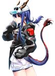  1girl arknights baseball_cap black_jacket blue_hair breasts ch&#039;en_(arknights) ch&#039;en_the_holungday_(arknights) cleavage closed_mouth cowboy_shot dragon_girl dragon_horns dragon_tail earpiece hand_in_pocket hand_up hat highres hood hooded_jacket horns horns_through_headwear jacket long_hair long_sleeves medium_breasts profile profnote red_eyes sidelocks simple_background smile solo sunglasses tail tail_through_clothes white_background 
