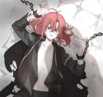  1boy bangs chain diluc_(genshin_impact) genshin_impact hair_between_eyes hand_chains long_hair male_focus open_mouth pants ponytail poop_fylus_snowflake_fire red_eyes red_hair shirt solo toned toned_male yaoi 