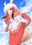  1girl bangs bird_tail black_hair blunt_bangs cloud commentary english_commentary eyebrows_visible_through_hair flying fur_collar gloves head_wings highres japanese_crested_ibis_(kemono_friends) kemono_friends long_hair long_sleeves multicolored_hair nyaseiru open_mouth pantyhose pleated_skirt red_hair red_legwear shirt sidelocks skirt sky solo tail tail_feathers white_hair wings yellow_eyes 