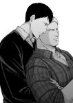  2boys bertolt_hoover bun_(bbb81bun) collared_shirt couple from_side greyscale height_difference highres hug hug_from_behind large_pectorals male_focus monochrome multiple_boys official_alternate_costume pectorals reiner_braun shingeki_no_kyojin shirt short_hair sleeves_rolled_up upper_body white_background yaoi 