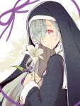  1girl aono_shimo flower from_side habit holding holding_flower lilly_lillium lily_(flower) long_hair looking_at_viewer looking_to_the_side nun object_namesake purple_ribbon red_eyes ribbon silver_hair smile solo very_long_hair watashi_no_oshi_wa_akuyaku_reijou 