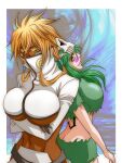  2girls arms_under_breasts artist_name ass back-to-back back_tattoo black_gloves bleach blonde_hair breasts butt_crack dark-skinned_female dark_skin facial_mark gloves green_eyes green_hair high_collar large_breasts long_hair looking_at_viewer looking_back multiple_girls navel nelliel_tu_odelschwanck scar scar_on_face short_sleeves shrug_(clothing) skull_on_head standing taki_tousetsu tattoo tier_harribel torn_clothes underboob 