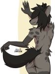  2022 ade_(capaoculta) anthro biped black_body black_fur black_hair butt capaoculta claws digital_media_(artwork) finger_claws fur girly grey_body grey_fur hair hair_over_eyes hi_res hyaenid male mammal presenting presenting_hindquarters simple_background smile solo spotted_hyena tan_body tan_fur white_background yellow_background 