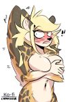  2022 alma_(capaoculta) anthro big_breasts biped black_body black_fur blonde_hair blush breasts capaoculta cheetah covering covering_breasts covering_self digital_media_(artwork) felid feline female fur hair hi_res mammal orange_body orange_fur simple_background solo startled white_background white_body white_fur wide_eyed 