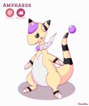  2022 ampharos black_stripes bovid caprine concept_art digital_media_(artwork) fak&eacute;mon feral hi_res mammal moonabloom nintendo orb pok&eacute;mon pok&eacute;mon_(species) sheep simple_background smile solo standing striped_body stripes video_games white_body yellow_body 