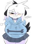 2021 2022 accessory anthro big_breasts biped black_ears black_tail blue_clothing blue_hoodie blue_topwear bottomwear breasts breath canid canine canis choker clothed clothing dark_eyes digital_media_(artwork) domestic_dog english_text eyelashes female front_view fur grey_bottomwear grey_clothing grey_skirt hair hair_accessory hair_over_eye hands_behind_back hi_res hoodie jewelry leaning leaning_forward looking_at_viewer mammal narrowed_eyes necklace one_eye_obstructed pink_cheeks ponytail portrait puppychan puppychan48 shaded simple_background simple_shading skirt solo standing text three-quarter_portrait topwear white_background white_body white_fur white_hair 