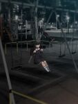  1girl backpack bag bangs black_choker black_dress black_hair blurry choker dress expressionless highres kneehighs lights mary_janes medium_hair mishiranu_joshikousei_ni_kankin_sareta_mangaka_no_hanashi muted_color night outdoors park photo_background playground randoseru ryouma_(galley) shoes sitting slide solo swing_set swinging white_background 