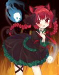  1girl :3 :d animal_ears bangs bell black_bow black_ribbon blue_fire blunt_bangs blush bow bowtie braid cat_ears cat_tail contrapposto cowboy_shot dark_background dress eyebrows_visible_through_hair fire flaming_skull floating_hair floating_skull forked_tail frills grey_dress hair_bow hair_ribbon hand_up highres hitodama jingle_bell juliet_sleeves kaenbyou_rin leaning_forward leg_ribbon long_sleeves looking_at_viewer mia_(0v0_xx) neck_bell nekomata open_mouth outer_glow puffy_sleeves red_bow red_bowtie red_eyes red_hair ribbon smile solo standing tail touhou tress_ribbon twin_braids twintails 