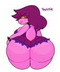  anthro big_breasts big_butt bottomwear breasts butt clothed clothing cutoffs deltarune denim denim_clothing dinosaur english_text eyebrow_through_hair eyebrows female freckles freckles_on_butt hair hi_res huge_butt looking_at_viewer looking_back narrowed_eyes purple_body purple_hair reptile scalie shirt shorts solo somescrub susie_(deltarune) tank_top text thick_thighs topwear translucent translucent_hair undertale_(series) video_games wide_hips yellow_sclera 