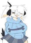  2022 anthro big_breasts biped black_ears black_nose black_tail blue_clothing blue_hoodie blue_topwear bottomwear breasts canid canine canis clothed clothing digital_media_(artwork) domestic_dog eyelashes female fur grey_bottomwear grey_clothing grey_eyes grey_skirt hair hair_over_eye half-length_portrait hands_behind_back hi_res hoodie huge_breasts mammal narrowed_eyes one_eye_obstructed open_mouth pink_cheeks ponytail portrait puppychan puppychan48 shaded simple_background simple_shading skirt smug solo standing teeth three-quarter_portrait tongue topwear white_background white_body white_fur white_hair 