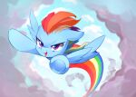 2017 blue_body cloud day equid equine feathered_wings feathers female feral flying friendship_is_magic hair hasbro hooves mammal marenlicious multicolored_hair my_little_pony open_mouth pegasus purple_eyes rainbow rainbow_dash_(mlp) solo underhoof wings 