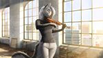  5_fingers anthro black_nose canid canine clothed clothing detailed_background digital_media_(artwork) female fingers fur grey_body grey_fur hi_res mammal oini smile solo standing 