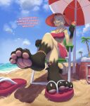  4_toes absurd_res anthro aurora_(rz54) barefoot beach bikini blonde_hair bottomwear canid canine claws clothed clothing dominant feet female foot_fetish foot_focus footwear fox fur hair hi_res hindpaw humanoid mammal multicolored_body pawpads paws pink_pawpads rz54 sand sandals sea seaside seat smile soles solo swimwear teasing toe_claws toes topwear water yellow_body yellow_fur 