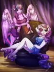  absurd_res anthro anthrofied blue_eyes breasts chair cleavage clothed clothing equid equine fetlocks friendship_is_magic furniture hair hi_res hooves horn looking_at_viewer lupiarts mammal my_little_pony purple_eyes purple_hair rarity_(mlp) sitting twilight_sparkle_(mlp) unicorn winged_unicorn wings 