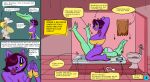  alligator alligatorid anthro bathroom big_breasts bovid bratfield_(sugslimic) bratty_(undertale) breasts caprine catty_(undertale) cervid cleavage clothed clothing comic crocky_(sugslimic) crocodilian deltarune dialogue domestic_cat duo ellie_workaday english_text eyeshadow felid feline felis female gloves goat group hands_behind_back handwear legs_up makeup mammal mattress noelle_holiday paper_bag phone prostitution public_restroom raised_arms reptile restroom_stall scalie spread_legs spreading story story_in_description streetwalker_tori sugslimic text toilet topwear toriel tube_top undertale_(series) video_games 