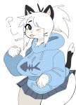  ? alternate_species anthro blep blush bottomwear clothing domestic_cat felid feline felis female hair hair_over_eye hi_res hoodie looking_at_viewer mammal one_eye_obstructed paws puppychan puppychan48 purring skirt solo thick_thighs tongue tongue_out topwear white_hair 