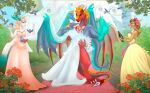  absurd_res anthro auroth_the_winter_wyvern bitemylip bridal_carry carrying claws clothed clothing dota dragon dress female flower group hair hi_res horn plant scales scalie smile teeth video_games wedding wedding_dress wings wyvern 