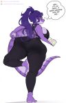  anthro big_breasts big_butt bodily_fluids breasts butt dialogue female hair hi_res imabunbun purple_body purple_hair purple_scales reptile scales scalie simple_background snake solo sweat white_background 