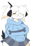  2022 :3 anthro big_breasts biped black_ears black_nose black_tail blue_clothing blue_hoodie blue_topwear bottomwear breasts canid canine canis clothed clothing digital_media_(artwork) domestic_dog eyes_closed female fur grey_bottomwear grey_clothing grey_skirt hair hair_over_eye half-length_portrait hands_behind_back hi_res hoodie huge_breasts mammal one_eye_obstructed pink_cheeks ponytail portrait puppychan puppychan48 shaded simple_background simple_shading skirt solo standing three-quarter_portrait topwear white_background white_body white_fur white_hair 