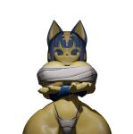  3d_(artwork) absurd_res accessory animal_crossing ankha_(animal_crossing) anthro bandaged_chest big_breasts blue_clothing blue_eyes blue_hair blue_handwear breasts claws clothing digital_media_(artwork) felid feline female hair hair_accessory handwear hi_res holding_breast mammal nintendo prykez solo thong underwear video_games 