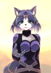  2021 accessory anthro blue_body blue_fur blue_hair bodysuit breasts canid canine clothing female fox fur furgonomics green_eyes hair hair_accessory hi_res inner_ear_fluff krystal mammal namagakiokami nintendo skinsuit smile solo star_fox tail_accessory tailband tight_clothing tuft video_games 