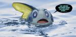  ambiguous_gender blue_body blue_eyes blue_scales creepy english_text feral fin head_fin looking_at_viewer nintendo open_mouth partially_submerged pok&eacute;mon pok&eacute;mon_(species) rubendevela scales sobble solo swimming text video_games water 