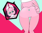  annoyed anthro anus breasts butt female fur genitals hand_on_butt horn nude peach_pussy pink_body pink_fur presenting pussy ribbonne simple_background solo 