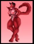  anonymous_artist anthro big_breasts breasts female female_focus green_eyes hi_res hybrid kobold pinup pose red_body red_scales scales solo tattoo thick_thighs 