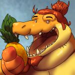  absurd_res alligatorid anthro birdcatdeer crocodilian food fruit hi_res male mango_(birdcatdeer) open_mouth orange_body overweight pineapple plant reptile scalie solo yellow_body 