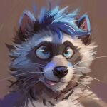  2021 abstract_background anthro black_body black_fur black_nose blue_eyes blue_hair digital_media_(artwork) digital_painting_(artwork) fur hair happy headshot_portrait hi_res latrans male pink_tongue portrait smile solo tongue tongue_out whiskers white_body white_fur 