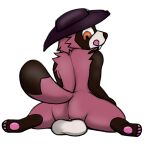  anthro balls butt canid canine clothing colored genitals hat hat_only headgear headgear_only headwear headwear_only looking_back male mammal mostly_nude pawpads paws raccoon_dog raised_tail simple_background smile solo spread_legs spreading tanuki tongue tongue_out tony_keys trashbadger 