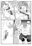  anthro belly big_belly blush canid canine canis clothed clothing comic dialogue domestic_dog duo english_text hi_res kroxy logie_(character) lucusold male male/male mammal overweight overweight_anthro overweight_male rock_paper_scissors smile text topwear 
