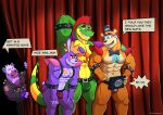  2022 abs absurd_res alligator alligatorid animatronic anthro armband bent_legs biceps big_bulge big_muscles bottomwear bow_tie bulge canid claws clothed clothing crocodilian curtains dialogue ear_piercing ear_ring english_text eyebrows facial_markings five_nights_at_freddy&#039;s five_nights_at_freddy&#039;s:_security_breach fur glamrock_bonnie_(fnaf) glamrock_freddy_(fnaf) group hair hand_on_shoulder hat head_markings headgear headwear hi_res jacket jockstrap lagomorph leporid liberty_spikes machine male mammal markings mezzmar mohawk montgomery_gator_(fnaf) muscular muscular_anthro muscular_male navel pants pecs piercing rabbit reptile robot scalie scottgames shoulder_pads smile spiked_armband spikes standing suspenders tablet teeth text top_hat topwear tuft underwear url ursid video_games 