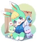  &lt;3 2021 animal_crossing anthro blonde_hair blush cellphone clothing hair hi_res holding_cellphone holding_object holding_phone jacket lagomorph male mammal nintendo phone plushie sasha_(animal_crossing) selfie solo speech_bubble text topwear toruu url video_games 