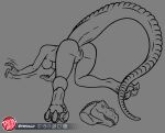  2022 2_fingers 4_toes all_fours annoyed anthro anus artist_logo big_breasts big_tail biped black_and_grey breasts butt claws decapitation dewclaw digital_drawing_(artwork) digital_media_(artwork) dinosaur dullahan dullahan_rex english_text feet female finger_claws fingers genitals grey_background headless hi_res humanoid_genitalia humanoid_pussy line_art logo long_tail monochrome motion_lines nipples non-mammal_anus non-mammal_breasts non-mammal_nipples non-mammal_pussy predaguy pussy rear_view reptile scales scalie searching sharp_claws simple_background solo tail_dimple text theropod thick_tail toe_claws toes tyrannosaurid tyrannosaurus tyrannosaurus_rex what 
