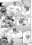  anthro boss_(gym_pals) bovid bovine canid canine canis cattle clothing comic duo genitals gym_pals h155296 hat headgear headwear hi_res humanoid_genitalia humanoid_penis male male/male mammal manager_(gym_pals) monochrome nipple_piercing nipples penis piercing wolf 
