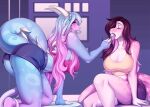  2022 anthro big_breasts breasts cleavage clothed clothing digital_media_(artwork) dragon duo eyes_closed feeding female hair kneeling knight_dd looking_at_another non-mammal_breasts open_mouth smile spines teeth tongue wingless_dragon 