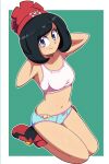  arms_behind_head black_hair blue_panties bra euf-dreamer floral_print full_body highres kneeling panties pink_bra pokemon pokemon_(game) pokemon_sm polka_dot polka_dot_panties purple_eyes red_footwear red_headwear selene_(pokemon) smile underwear underwear_only 