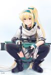  1girl artist_name black_bodysuit blonde_hair bodysuit bolt_action boots bow eyebrows_visible_through_hair gamryous girls&#039;_frontline gloves green_hairband gun hair_bow hairband highres jacket long_hair looking_at_viewer mod3_(girls&#039;_frontline) multicolored_clothes multicolored_gloves ponytail red_eyes rifle russian_flag scarf slav_squatting solo sv-98 sv-98_(girls&#039;_frontline) thighhighs turtleneck v weapon white_jacket white_scarf 