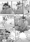  anthro boss_(gym_pals) bovid bovine canid canine canis cattle clothing comic duo genitals gym_pals h155296 hat headgear headwear hi_res male mammal manager_(gym_pals) monochrome nipple_piercing nipples penis piercing wolf 