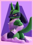  3_toes 3d_(artwork) adynamical alternate_color anthro blender_(software) canid canine clothing digital_media_(artwork) feet footwear fur genitals gloves green_body green_fur handwear hi_res humanoid_genitalia kneeling looking_at_viewer lucario male mammal nintendo penis pok&eacute;mon pok&eacute;mon_(species) simple_background smile socks solo spikes toes video_games 