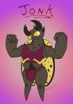  4_arms anthro arthropod beetle big_arms big_dick_energy body_hair bulge clothing flexing flexing_bicep flexing_both_biceps happy_trail hercules_beetle hi_res himbo horn impishhyena insect jonk_(impishhyena) male midriff multi_arm multi_limb muscular pectoral_bulge rhinoceros_beetle scarabaeid shirt small_arms solo tank_top tapering_horn thick_thighs tight_clothing topwear underwear wings yellow_eyes 